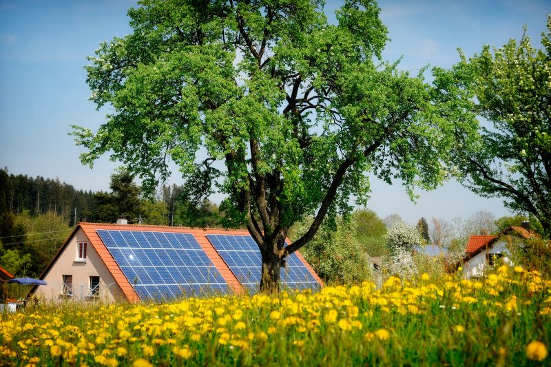 Casa con i pannelli fotovoltaici sul tetto, vista da un prato fiorito