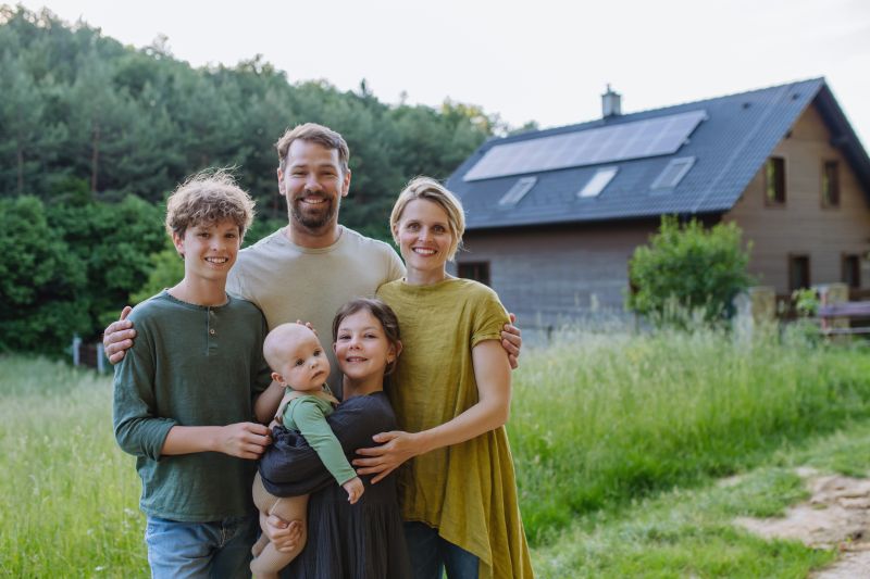 Una famiglia sorridente in giardino, con la casa e i pannelli sul tetto alle spalle