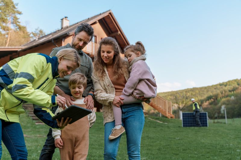 Una tecnica spiega il progetto a una famiglia davanti a casa, durante il sopralluogo