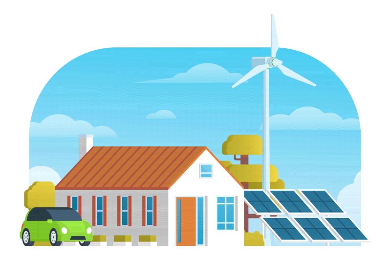 Illustrazione: casa con i pannelli fotovoltaici in giardino