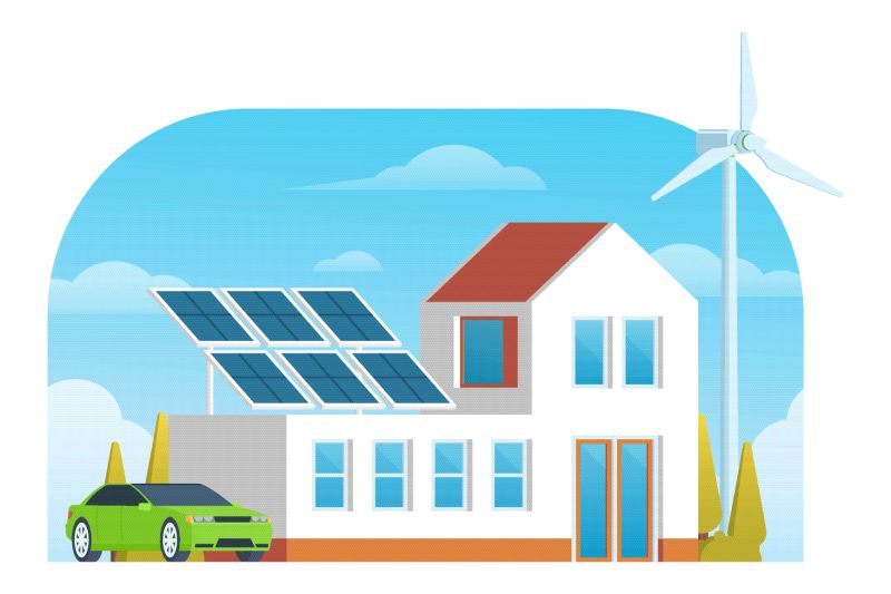 Illustrazione: casa con i pannelli fotovoltaici in una giornata di sole