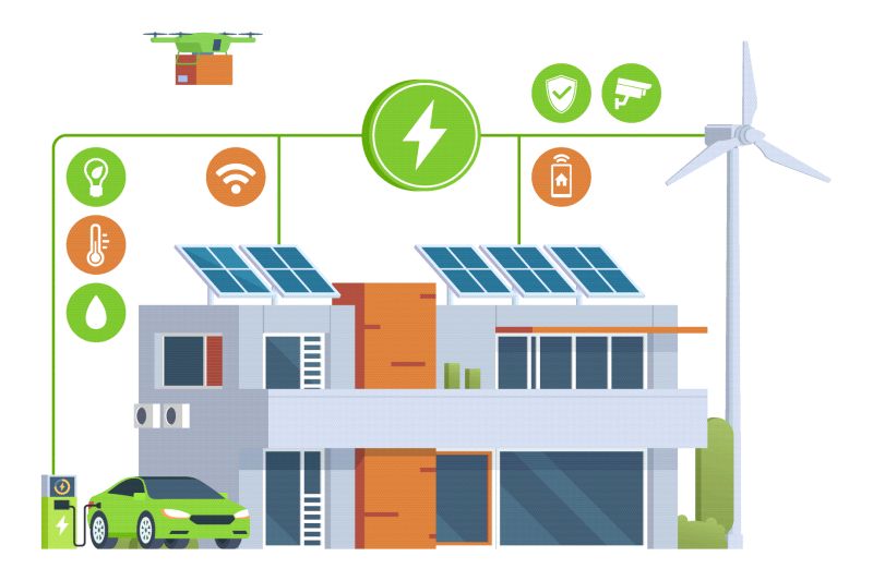 Illustrazione: edificio con i pannelli fotovoltaici e i servizi di una casa efficiente